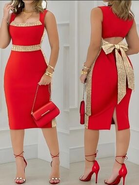 Red Sleeveless Midi Dress with Gold Trim and Bow
